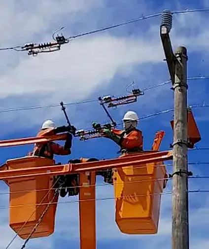 Dois eletricistas em cestos aéreos isolados trabalhando em rede energizada (linha viva)